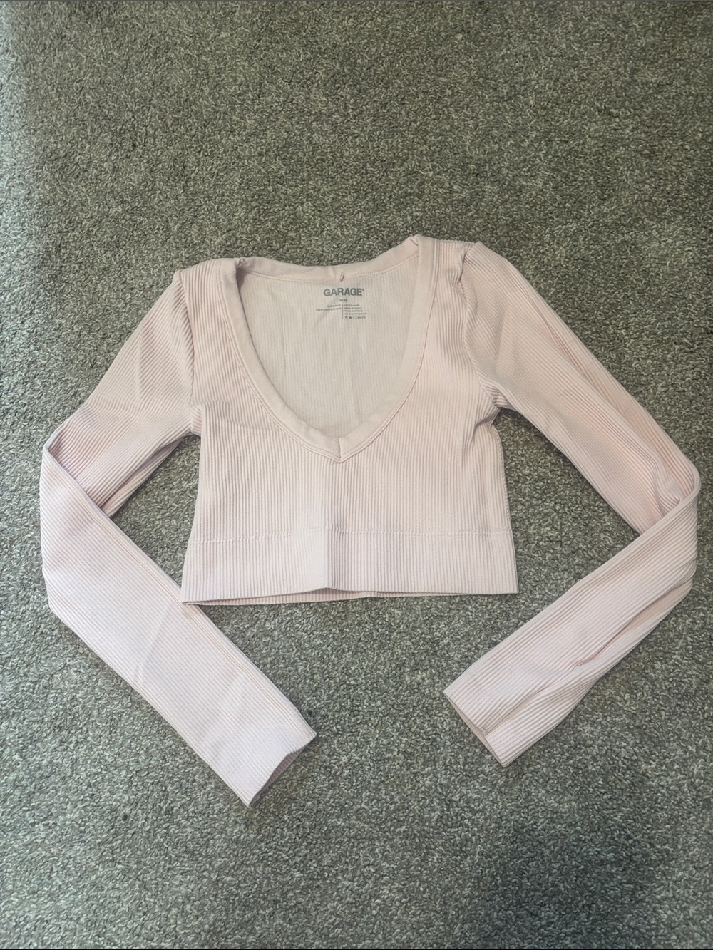 Garage Light Blush Ribbed V-Neck Long Sleeve Crop Top